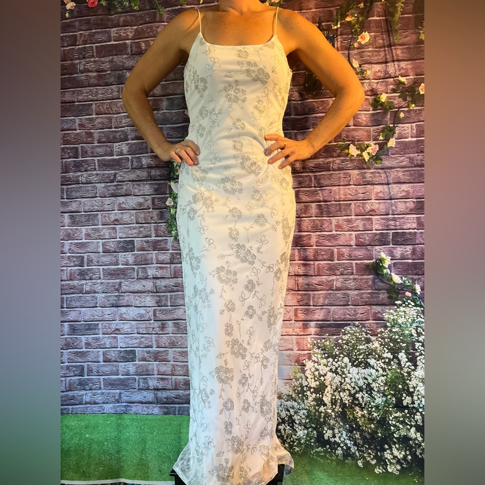 Elegant White Floral Slip Dress with Delicate Silver Embroidery